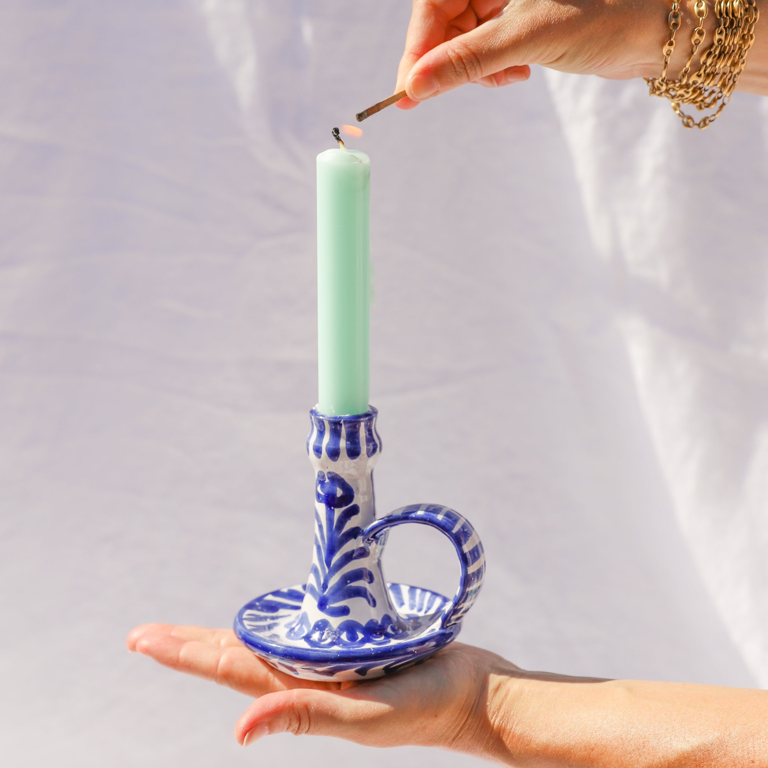 Hand-Painted Candlestick | Traditional Blue Candle Holders Pomelo Casa - Atelier Saucier