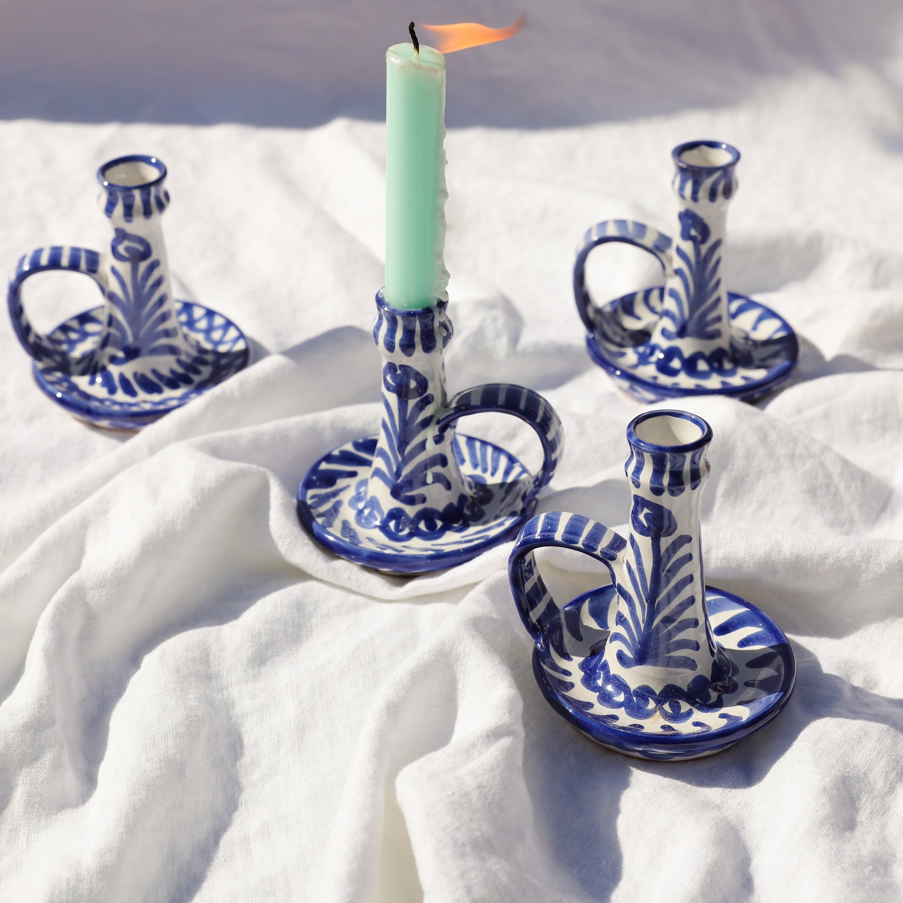 Hand-Painted Candlestick | Traditional Blue Candle Holders Pomelo Casa - Atelier Saucier