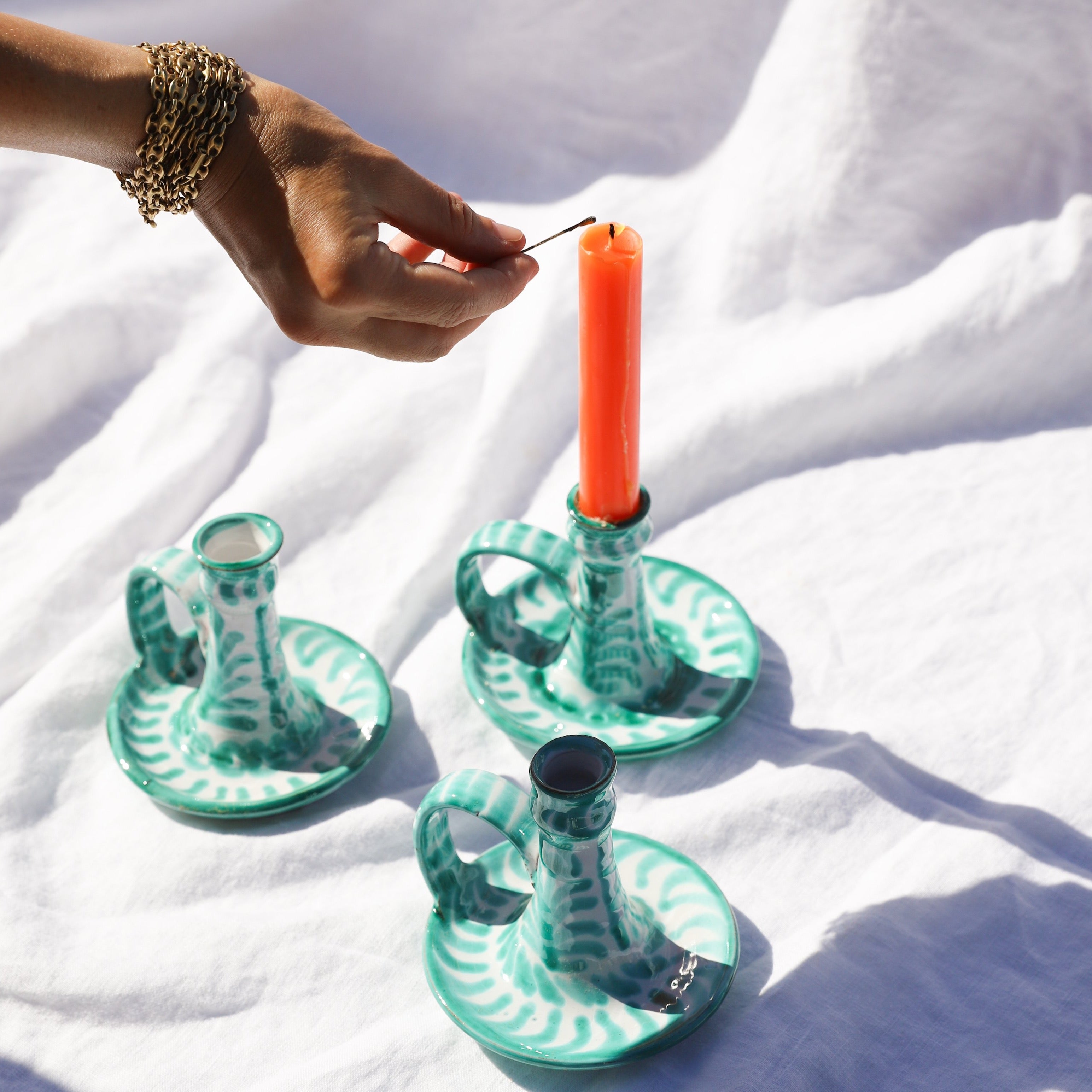 Hand-Painted Candlestick | Granada Green Candle Holders Pomelo Casa - Atelier Saucier