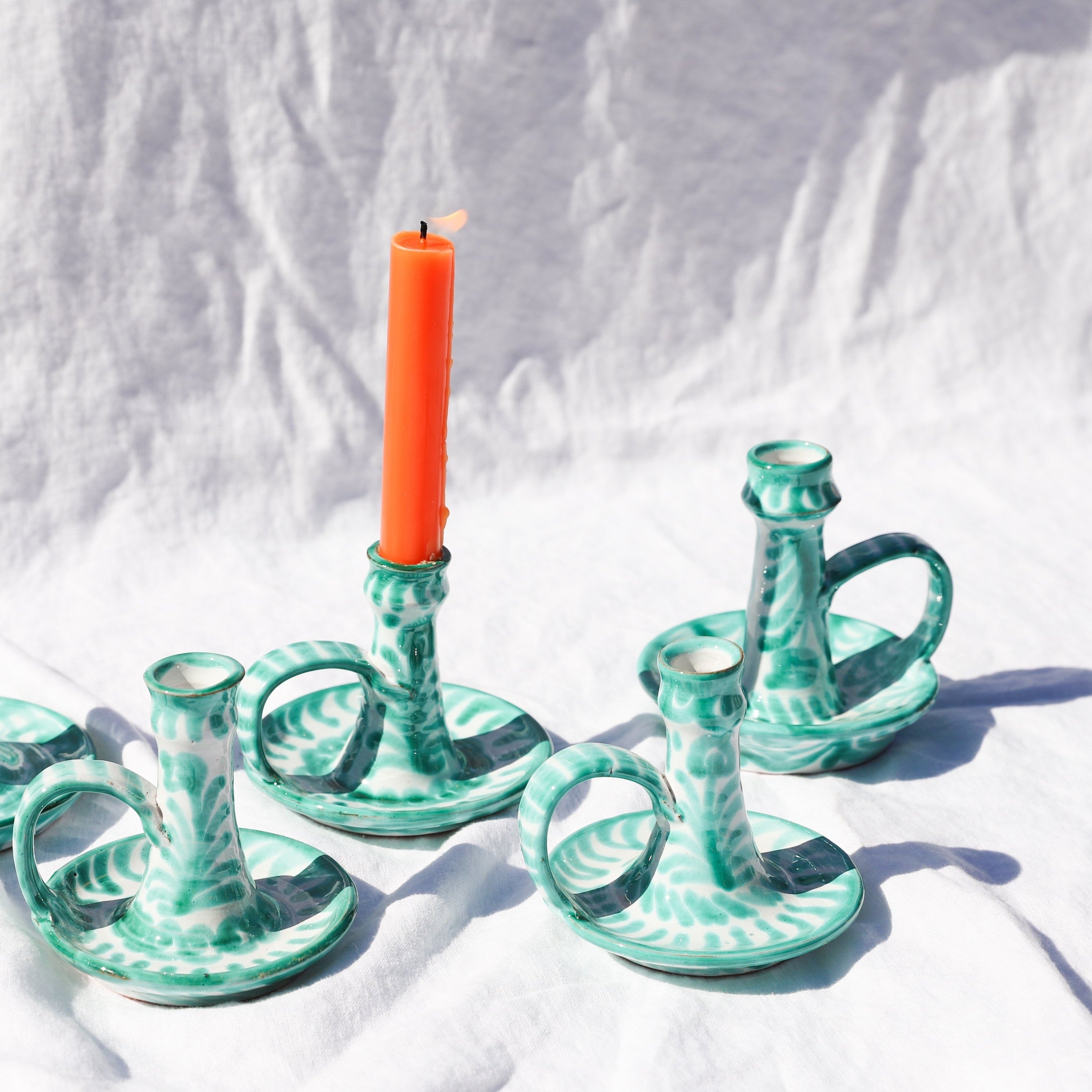 Hand-Painted Candlestick | Granada Green Candle Holders Pomelo Casa - Atelier Saucier