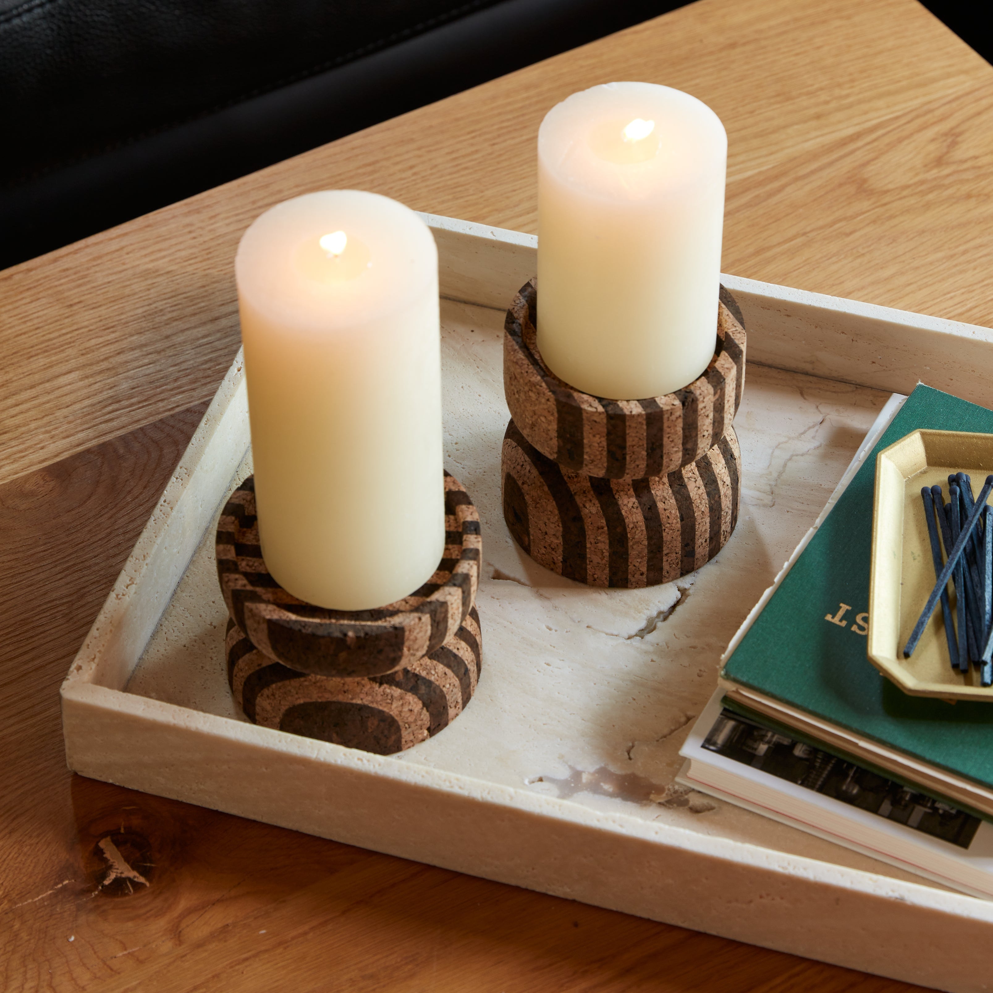 Anni Short Striped Cork Candle Holder Candle Holders Melanie Abrantes Designs - Atelier Saucier